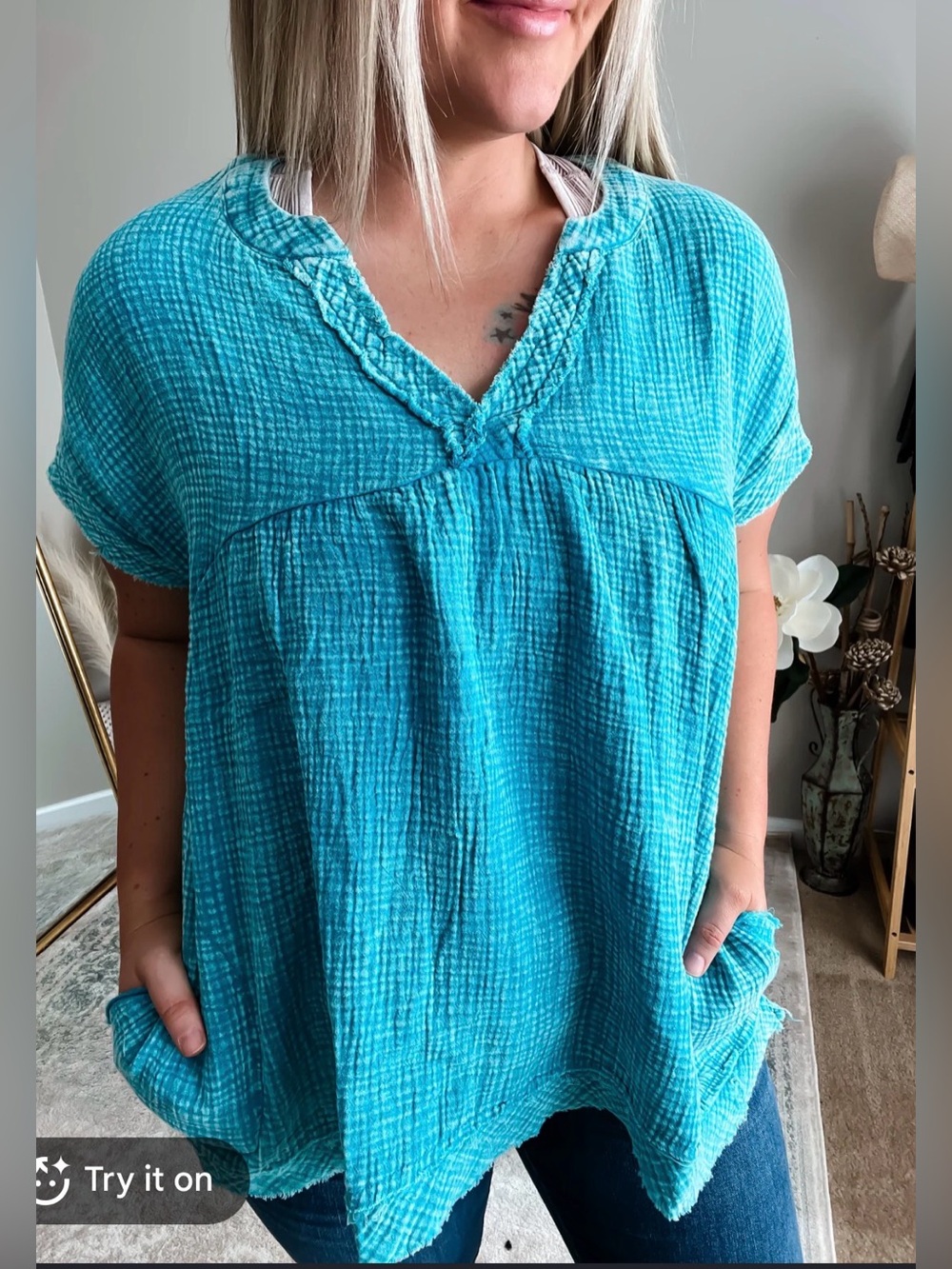 NWT Zenana turquoise frayed hem oversized top 3XL